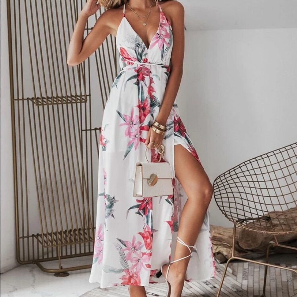 Boho  floral print split thigh maxi dress